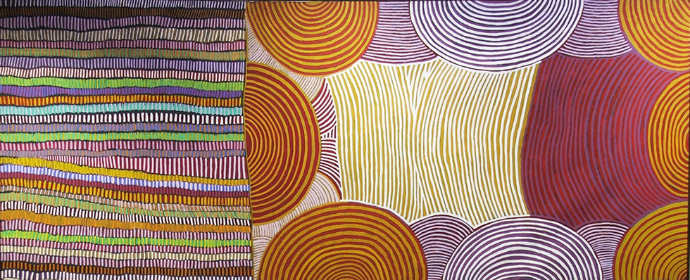 Awelye 1997 by Ada Bird Petyarre, acrylic on canvas, 183 x 479 cms; UNSW 089206; (copyright symbol) reproduced with permission of the artist through Utopia Art, Sydney